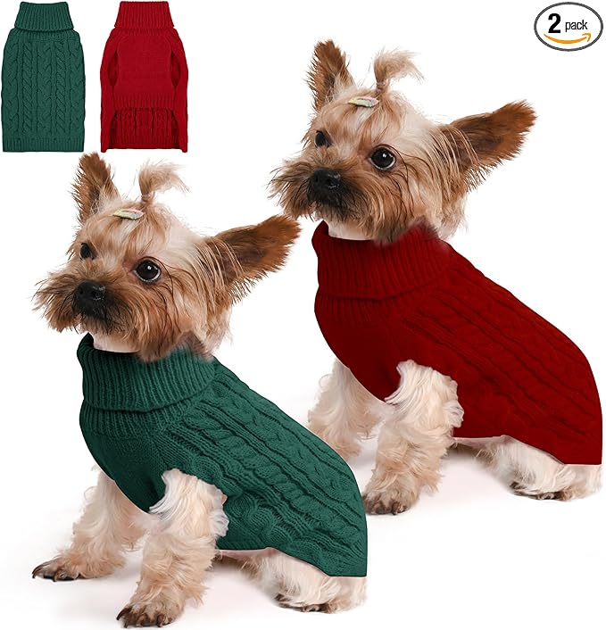 2 Pack Dog Sweaters for Small Dogs Winter Turtleneck Pullover Cable Knit Fleece by Unknown