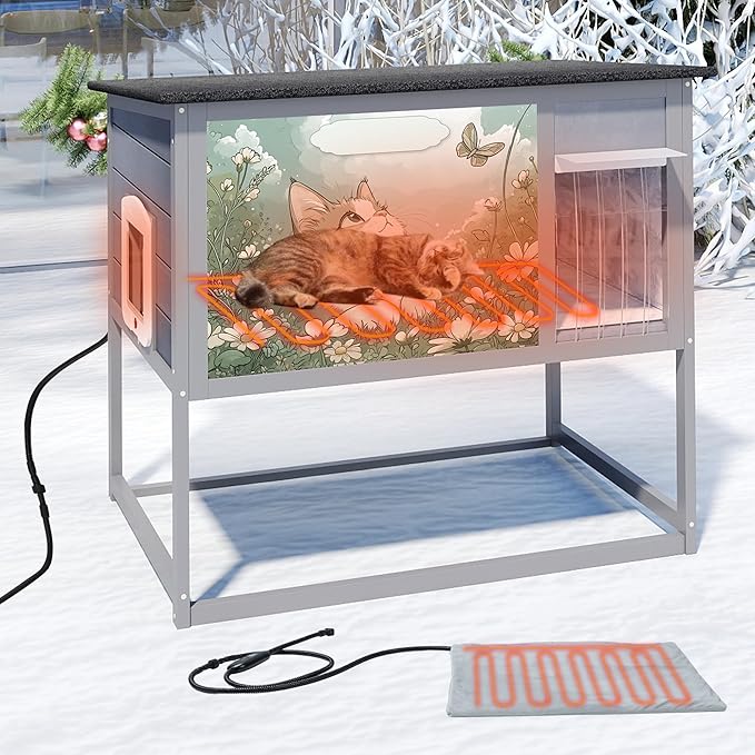 Outdoor Cat House with Heating Pad, Heated Raised Wood Cat Enclosure with - Image 7
