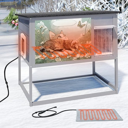 Outdoor Cat House with Heating Pad, Heated Raised Wood Cat Enclosure with - Image 7