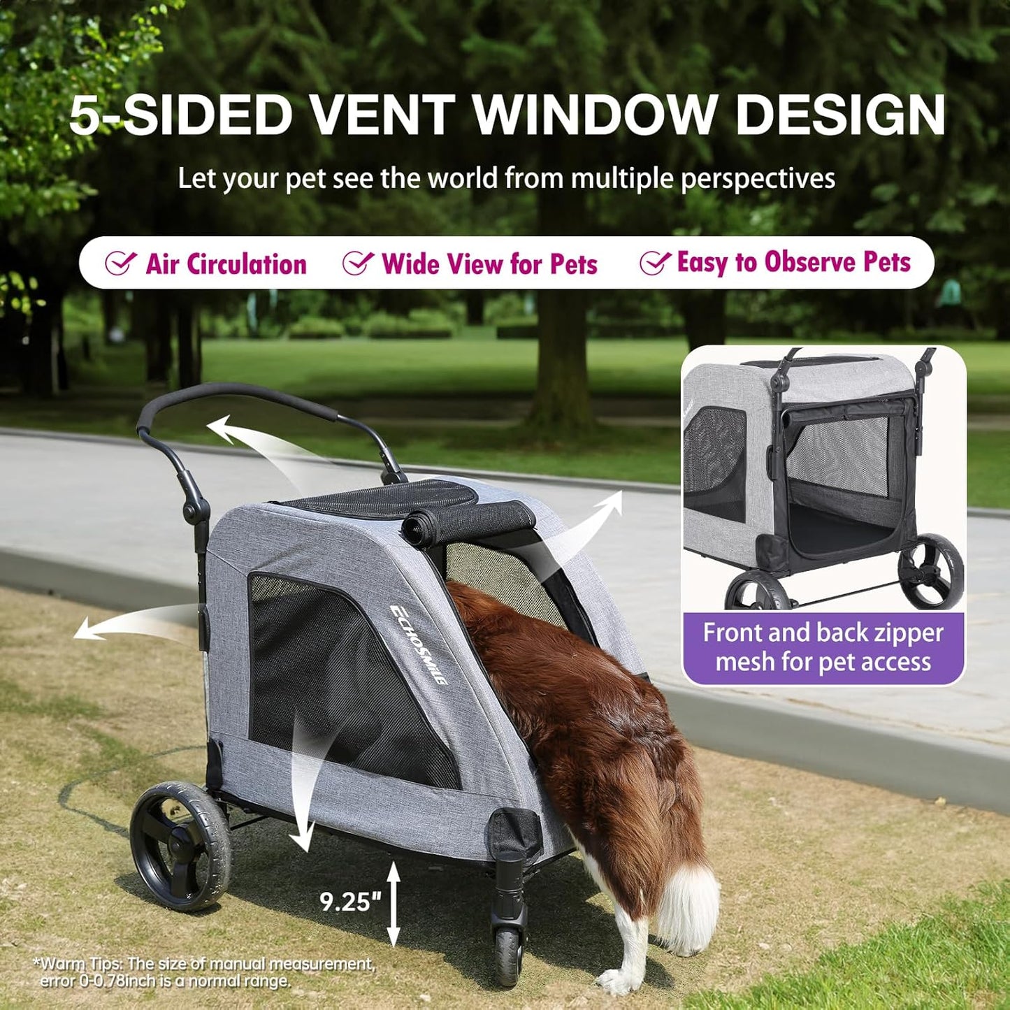 EchoSmile XL Extra Large Dog Stroller - Adjustable Handles,Lightweight Folding Pet Stroller,All-Terrain 4 Wheel for 2 Medium Dogs,Dual Entry Safety Dog Stroller,Capacity 160 lbs,Gray