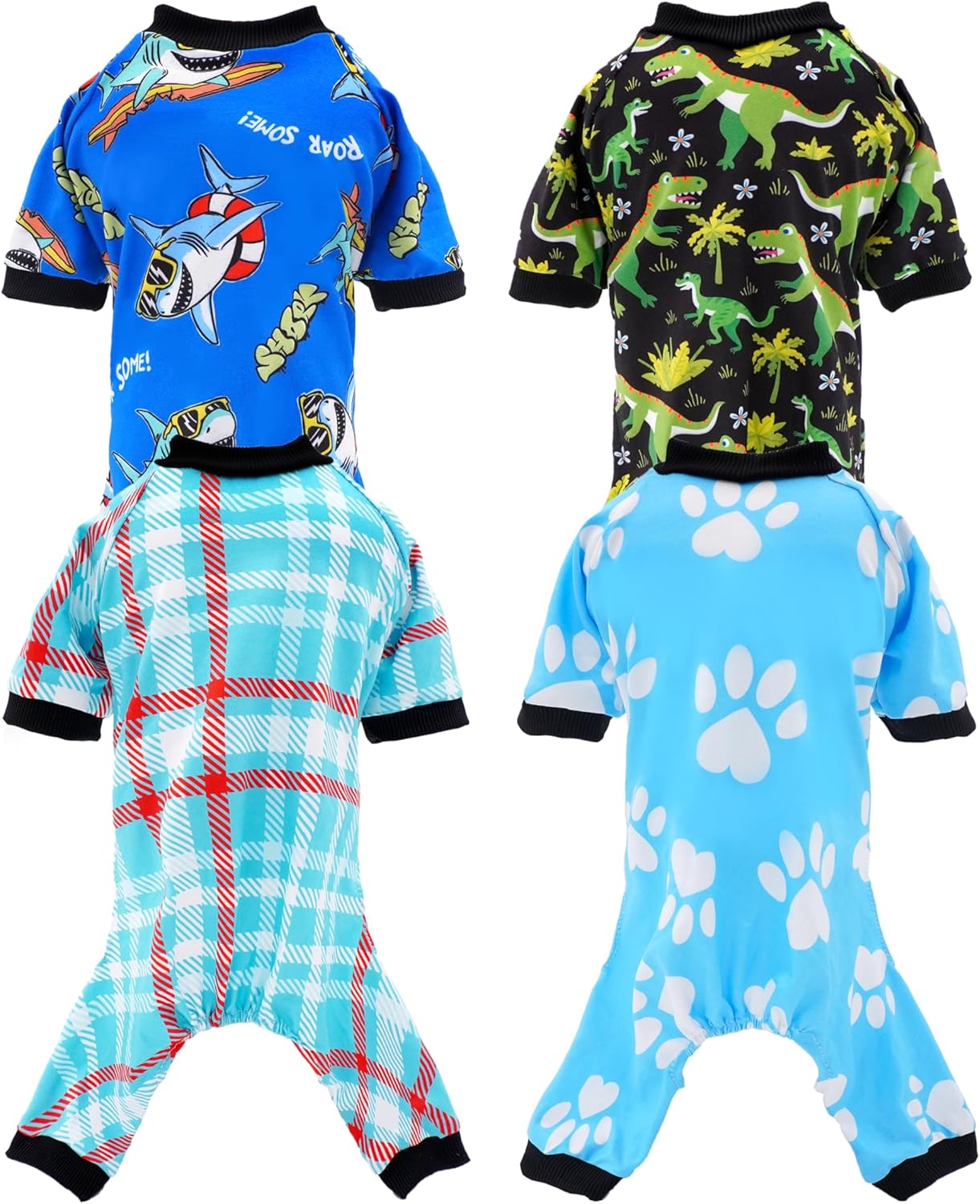 PET SHOW 4 Pack Small Dog Pajamas for Doggies Boy Dinosaur Shark Soft Stretchy PJs Plaid Jumpsuit Puppy Cats Paw Onesies Outfits with Sleeve Pets Breathable Summer Clothes Costume S