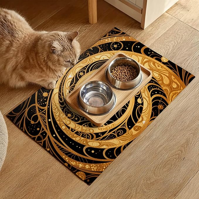 HOMETITUTE Cat Feedings Mats 20x12 inch Golden Cat Print Pet Bowl Placemat Non - Image 2