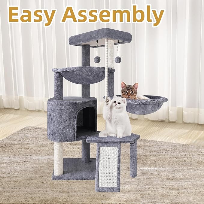 3-Tier Cat Tree with 2 Hammocks & Condo, Rope Ladder, Replaceable Hanging Balls - Image 4