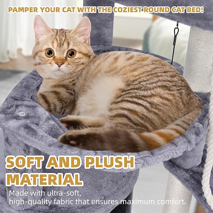 3-Tier Cat Tree with 2 Hammocks & Condo, Rope Ladder, Replaceable Hanging Balls - Image 7