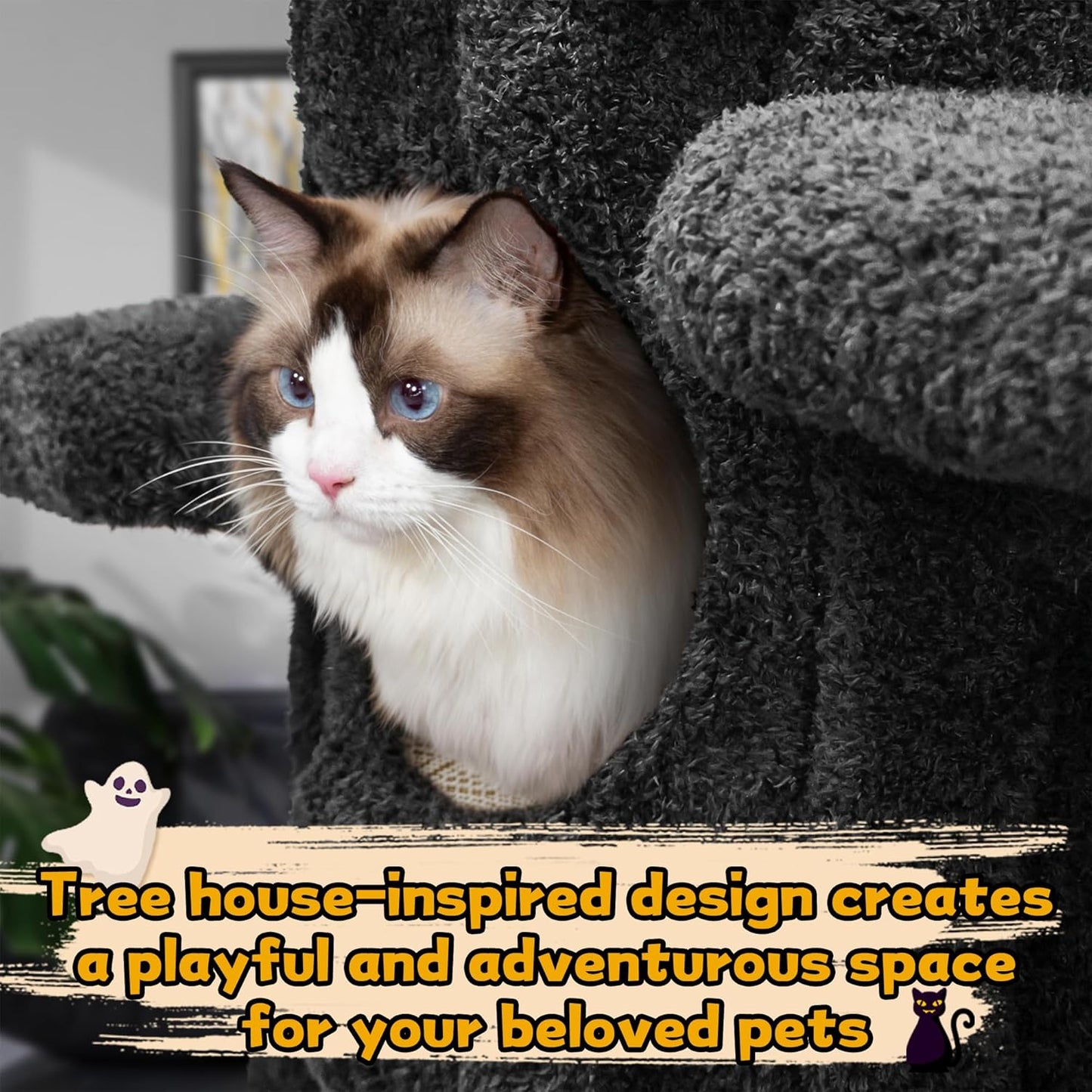 Super Large Cat Tree for Indoor Cats, All-in-One Tall Cats Tower with Scratching Post, Luxury Multi-Level Solid Wood Cat Condo for Multi-Cat Families (Black)