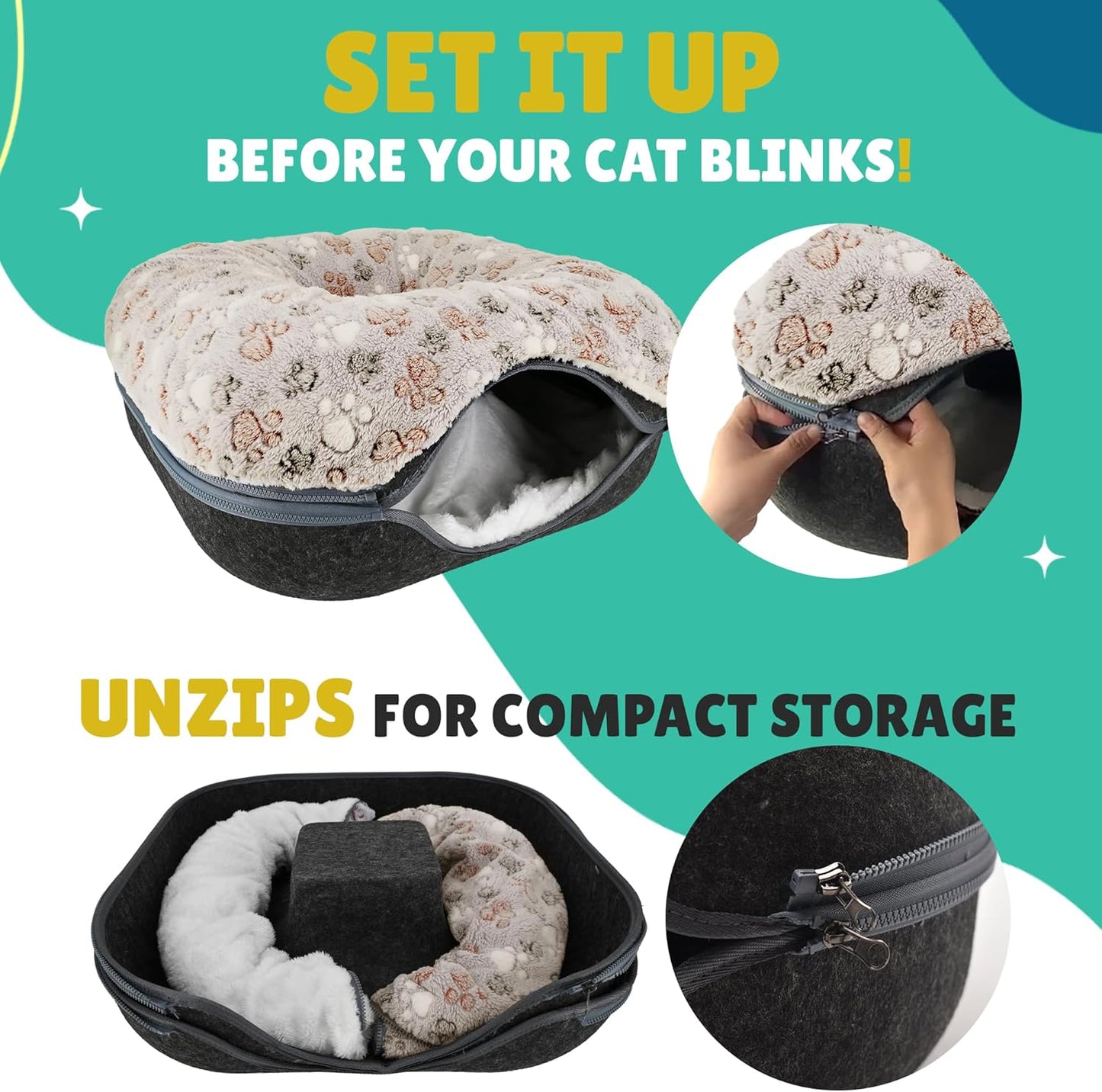 RINGTAIL Peekaboo Cat Cave - Cat Caves for Indoor Cats, Cat Donut Tunnel Bed, Kitten Beds Felt, Cat Bed Cave Square with Two Fluffy Fleece Cushion, Nest Cove Scratch-Resistant Detachable & Washable