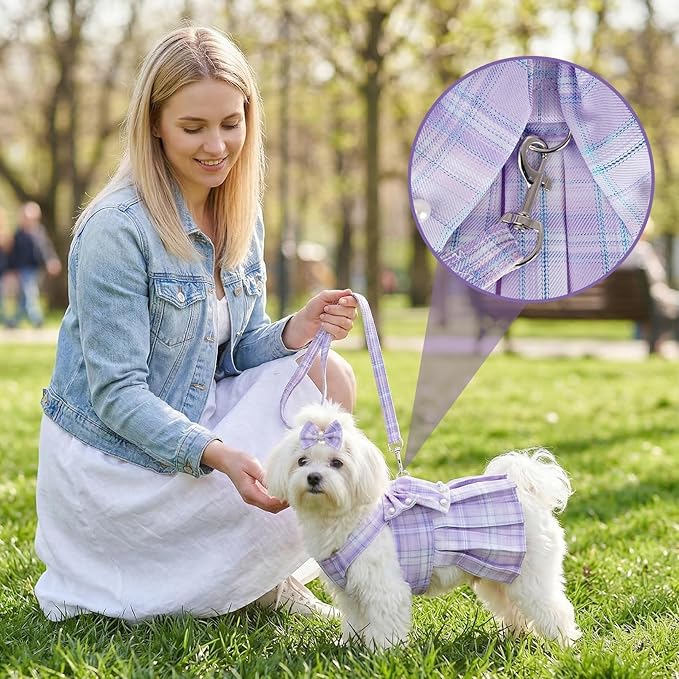 Cute Plaid Dog Dress Clothes for Small Dogs Cats Girl Purple Plaid Dog Dress - Image 4
