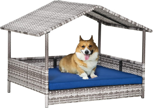 PawHut Wicker Dog House Outdoor with Canopy, Rattan Dog Bed with Water-Resistant Cushion, Raised Dog Bed for Small, Medium Dogs up to 66 lbs, 19.75" in Length, Gradient Gray Wicker, Dark Blue Cushion