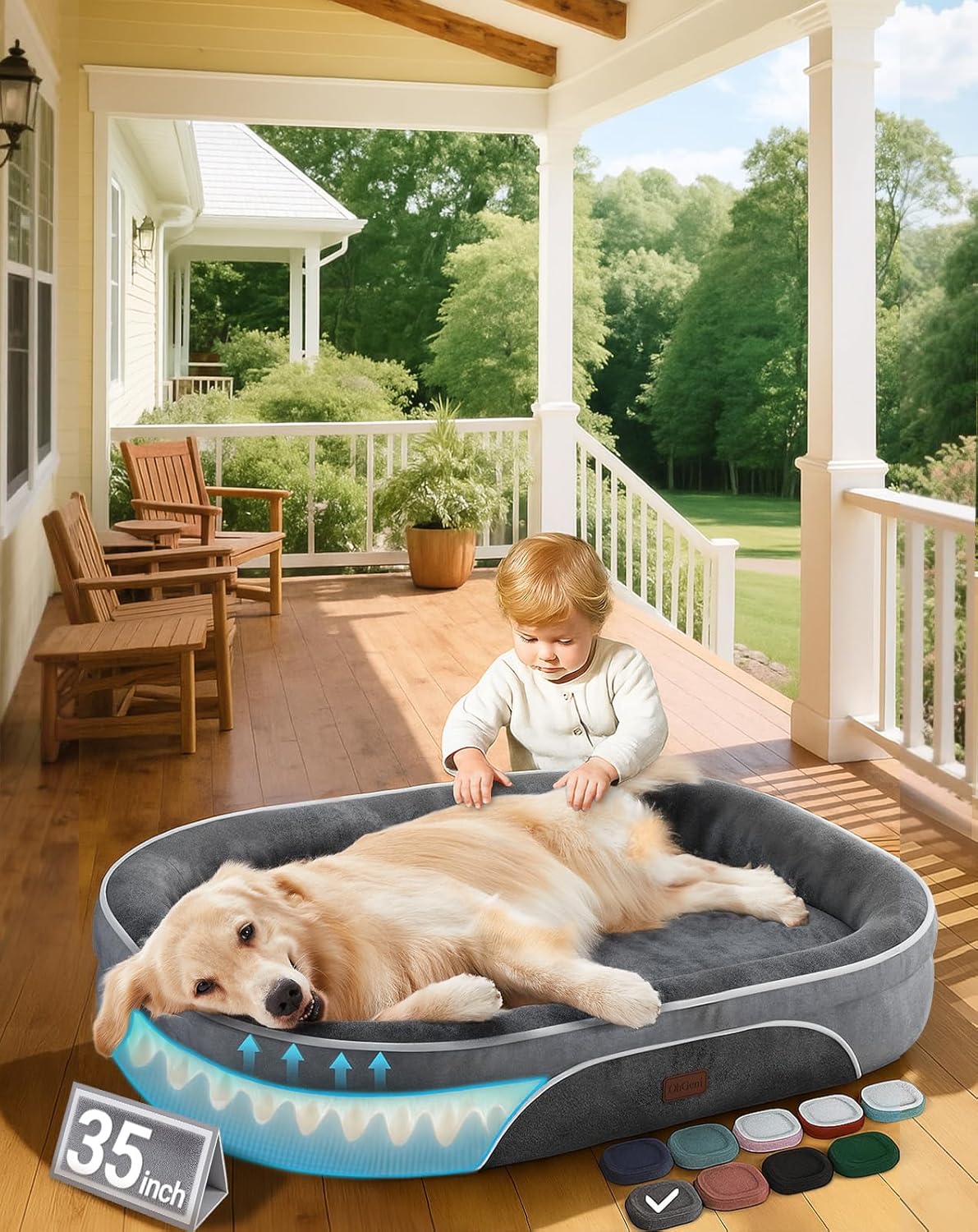 OhGeni Orthopedic Dog Couch Pet Sofa Large Sized Cat Beds with Comfort Foam Support, Soft Comfortable Fabric, Machine Washable Waterproof Removable Cover, 35-Inch (Gray)
