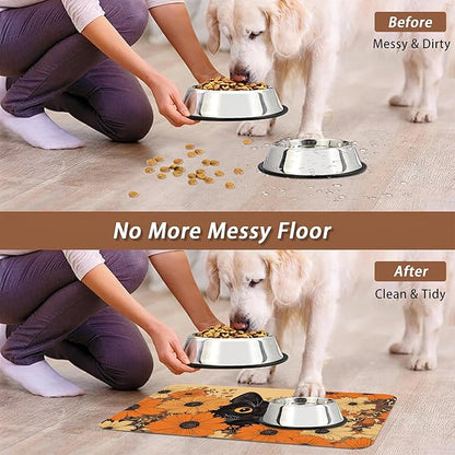 Black Cat Dog Food Mat for Floors, Fall Flower Daisy Absorbent Pet Food and - Image 5