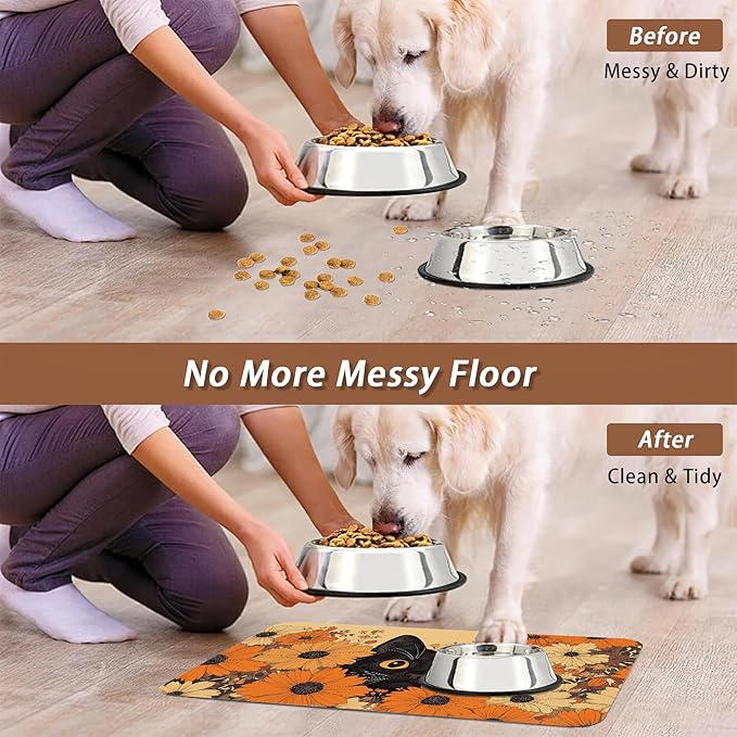 Black Cat Dog Food Mat for Floors, Fall Flower Daisy Absorbent Pet Food and - Image 5