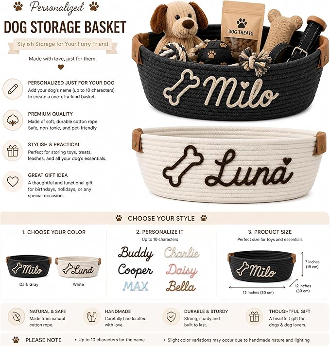 JUPPE Pet Dog Basket with Personalized Name, Dog Toys Storage Organizer Custom - Image 2