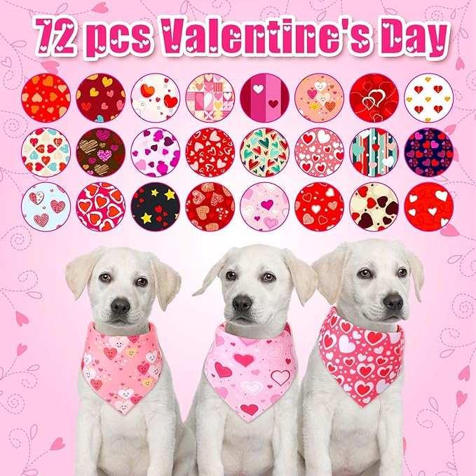 72 Pack Valentine Dog Bandanas Bulk Heart Triangle Pet Scarfs, Adjustable Bib - Image 3