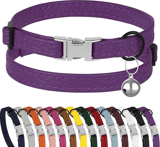 Leather Cat Collar with Buckle and Removable Bell by BUDKAS