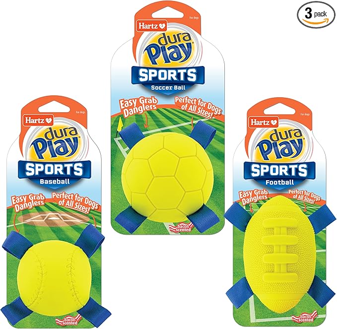 Hartz Dura Play Sports Ball Variety Dog Toy, Bacon Scented Squeaky Latex Yellow by Hartz