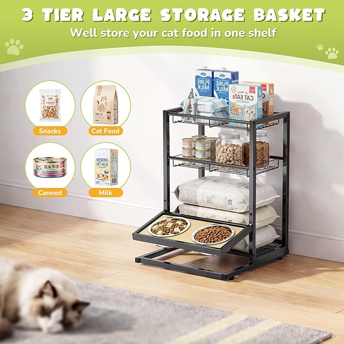 Elevated Cat Bowl Stand Feeding Station, 3-Tier Cat Food Organizer & Storage - Image 5