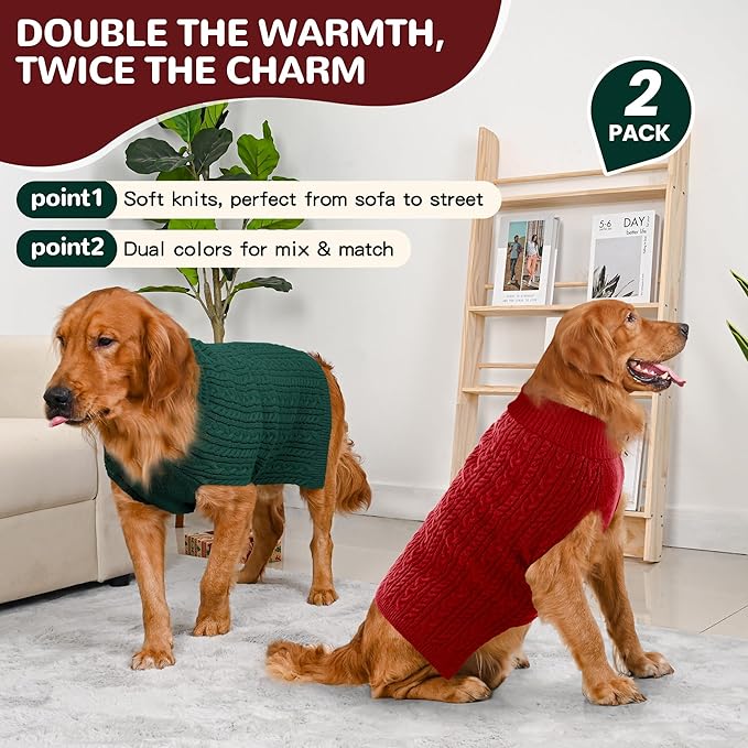 2 Pack Dog Sweaters for Large Dogs Winter Turtleneck Pullover Cable Knit Fleece - Image 2