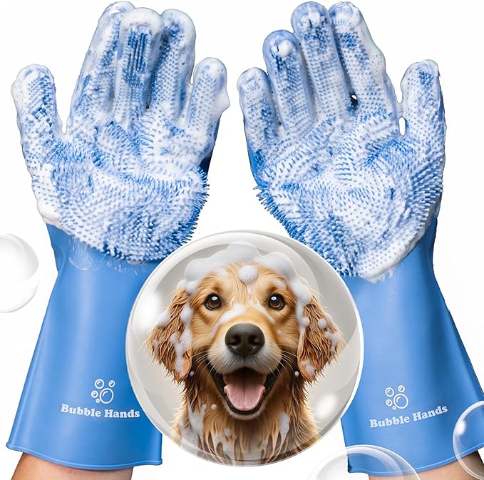 Dog Washing Gloves with Bristle Scrubbers, Reusable Silicone Gloves Ideal by BUBBLEHANDS