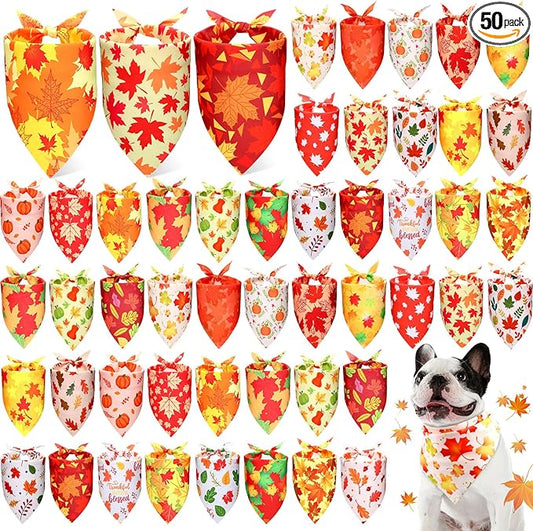Preboun 50 Pcs Fall Thanksgiving Dog Bandana Bulk Pumpkin Maple Leaves Bandana by Preboun