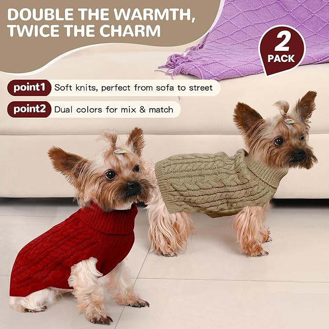 2 Pack Dog Sweaters for Small Dogs Winter Turtleneck Pullover Cable Knit Fleece - Image 2