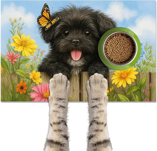 HOMETITUTE Dog Feeding Mat Butterfly Flower Pattern 20" x 12", Non Slip Dog Cat by HOMETITUTE