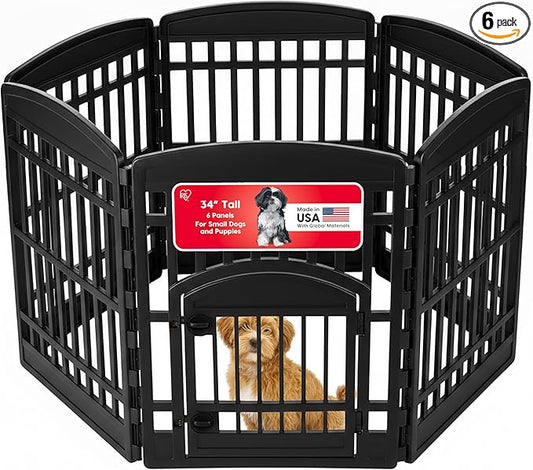 IRIS USA Dog Playpen with Door, 34” 6 Panel Pet Exercise Pen – Indoor Outdoor by IRISUSA