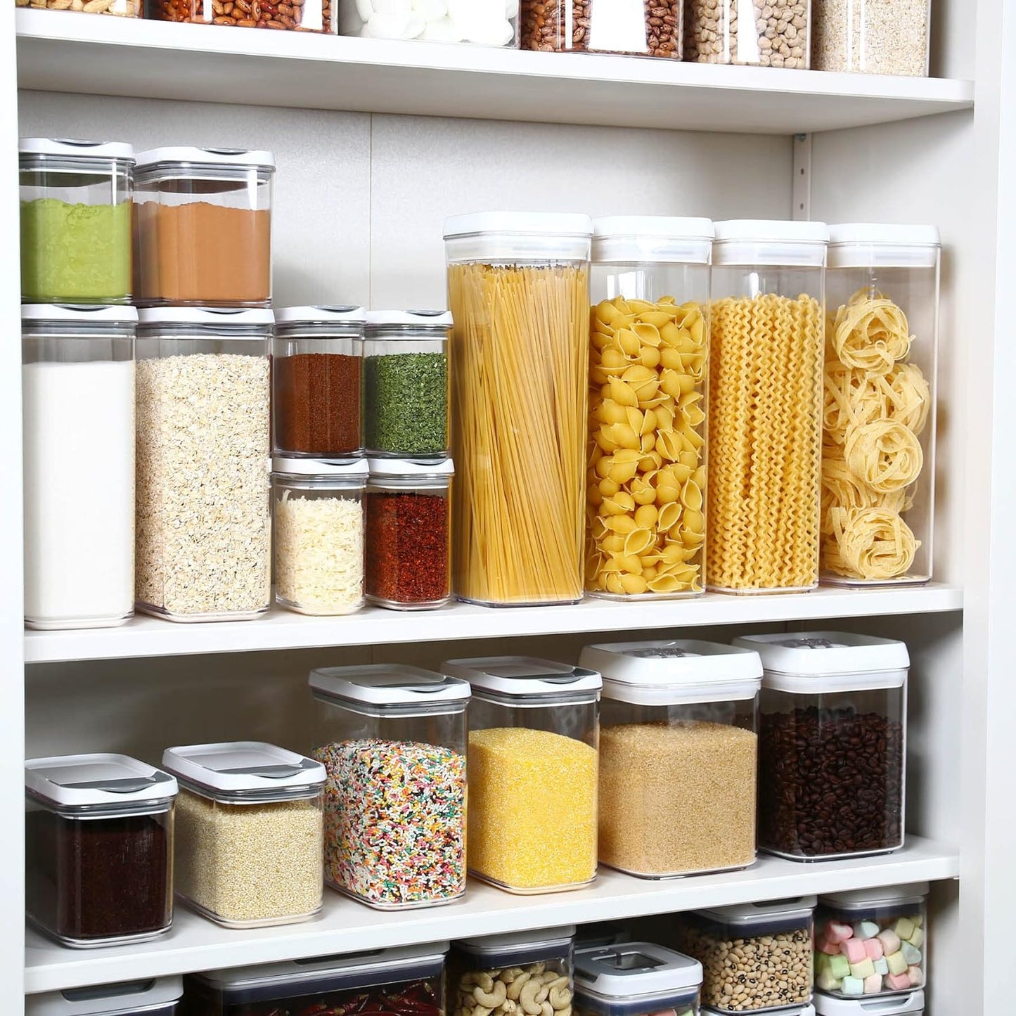 Felli Flip Tite TALL Storage Container with Lid 4" Air Tight Easy Open Ring Top, Clear Acrylic Skinny Canister Jar for Spaghetti Lasagna Fettuccine Noodle, Kitchen Cupboard Pantry Organizer (2.0 qt)