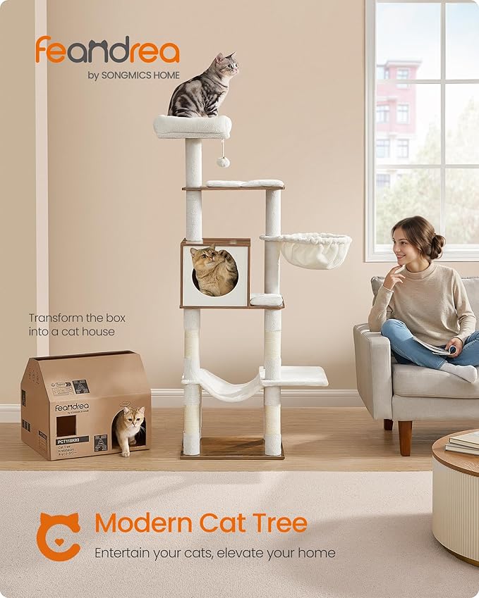 Feandrea Cat Tree, 65-Inch Tall Cat Tower, Scratching Posts, Honey Brown - Image 2