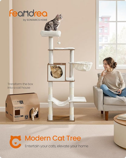 Feandrea Cat Tree, 65-Inch Tall Cat Tower, Scratching Posts, Honey Brown - Image 2
