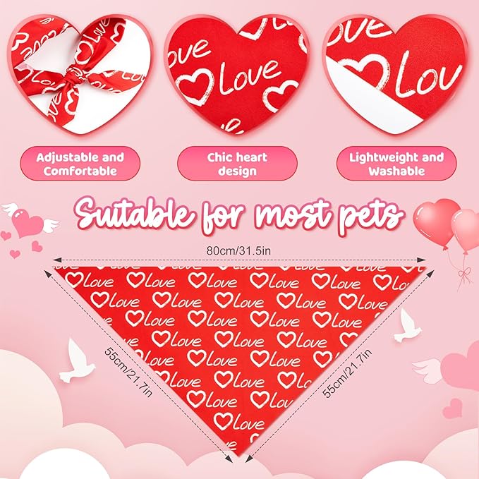 50 Pcs Valentines Day Dog Bandanas Bulk Red and Pink Heart Bandanas - Image 3