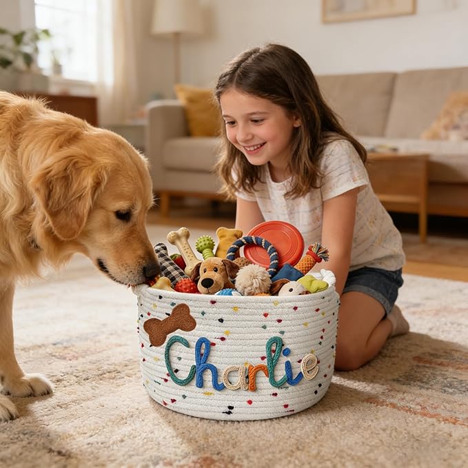 Personalized Dog Cat Toy Basket, Custom Cotton Rope Storage Basket - Image 7