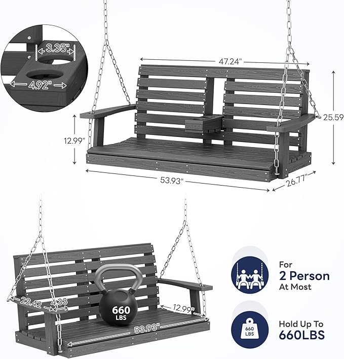 KINGYES Outdoor Hanging Porch Swing Set of 4, 2 Seat Patio Swing Recliner - Image 3
