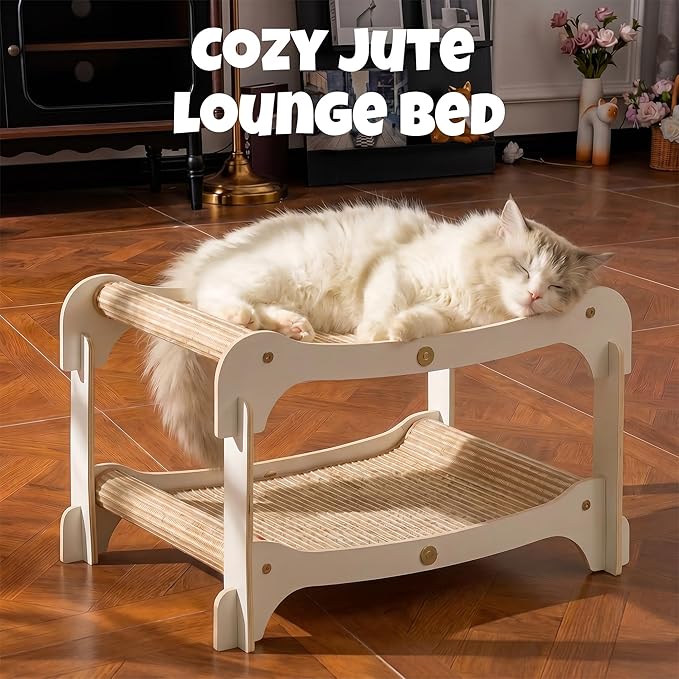 Cat Lounger, 2-Tier Wood Bed & Scratcher, Double Layer Cat Hammock Bunk Bed - Image 5