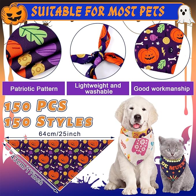 Huhumy 100 Pcs Halloween Dog Bandanas Bulk Pet Bibs Colorful Triangle Scarf Pet - Image 2