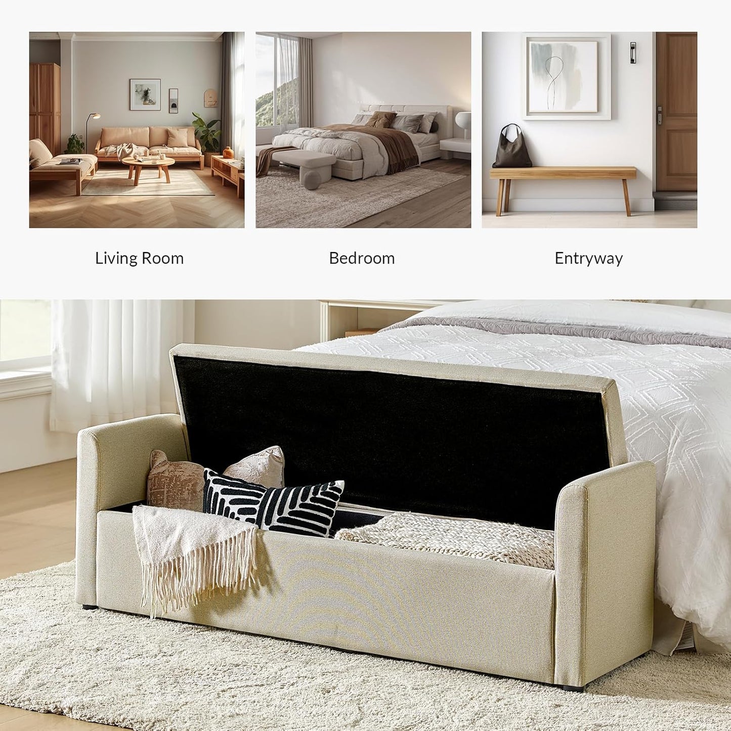 HULALA HOME Modern Storage Bench with Throw Pillows, 59.4" Extra Long Bedroom Ottoman Bench for End of Bed, Comfy Upholstered Footstool for Entryway Dining Room Living Room, Beige
