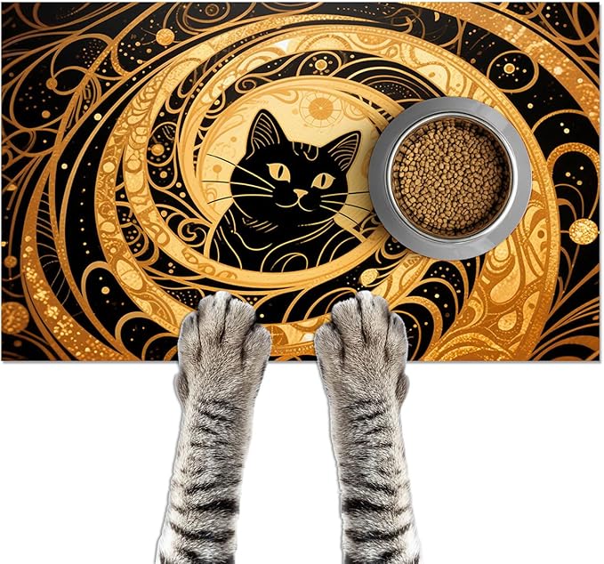 HOMETITUTE Cat Feedings Mats 20x12 inch Golden Cat Print Pet Bowl Placemat Non by HOMETITUTE