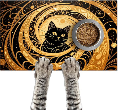HOMETITUTE Cat Feedings Mats 20x12 inch Golden Cat Print Pet Bowl Placemat Non by HOMETITUTE