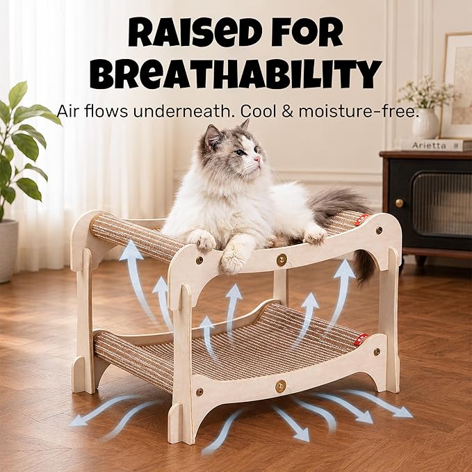 Cat Lounger, 2-Tier Wood Bed & Scratcher, Double Layer Cat Hammock Bunk Bed - Image 2