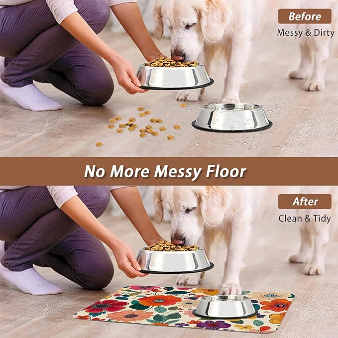 Floral White Dog Food Mat for Floors, Boho Absorbent Quick-Dry Pet Feeding Mat - Image 5