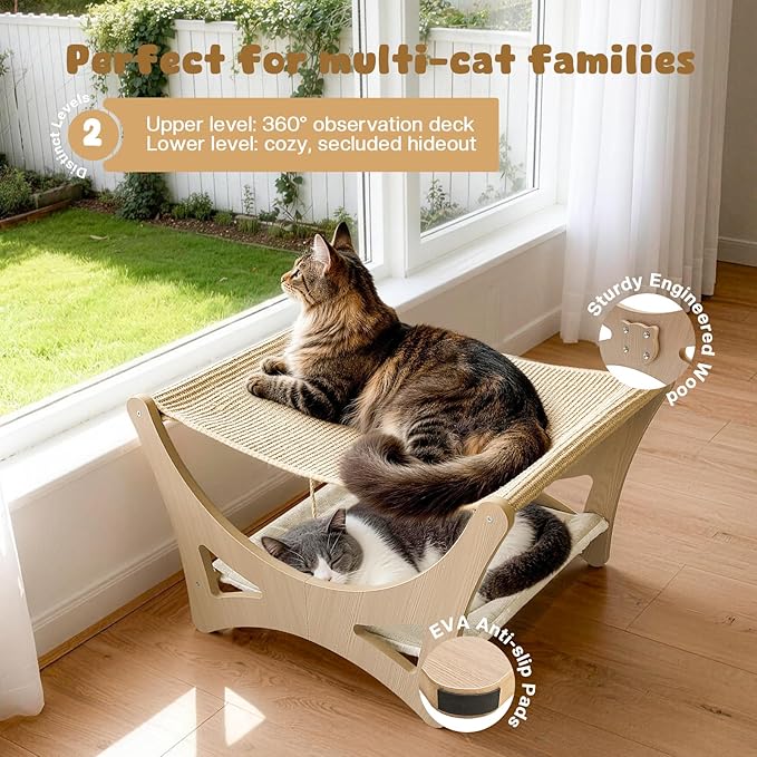 Double-Layer Cat Hammock Bed, Wooden Elevated Cat Beds - Image 4