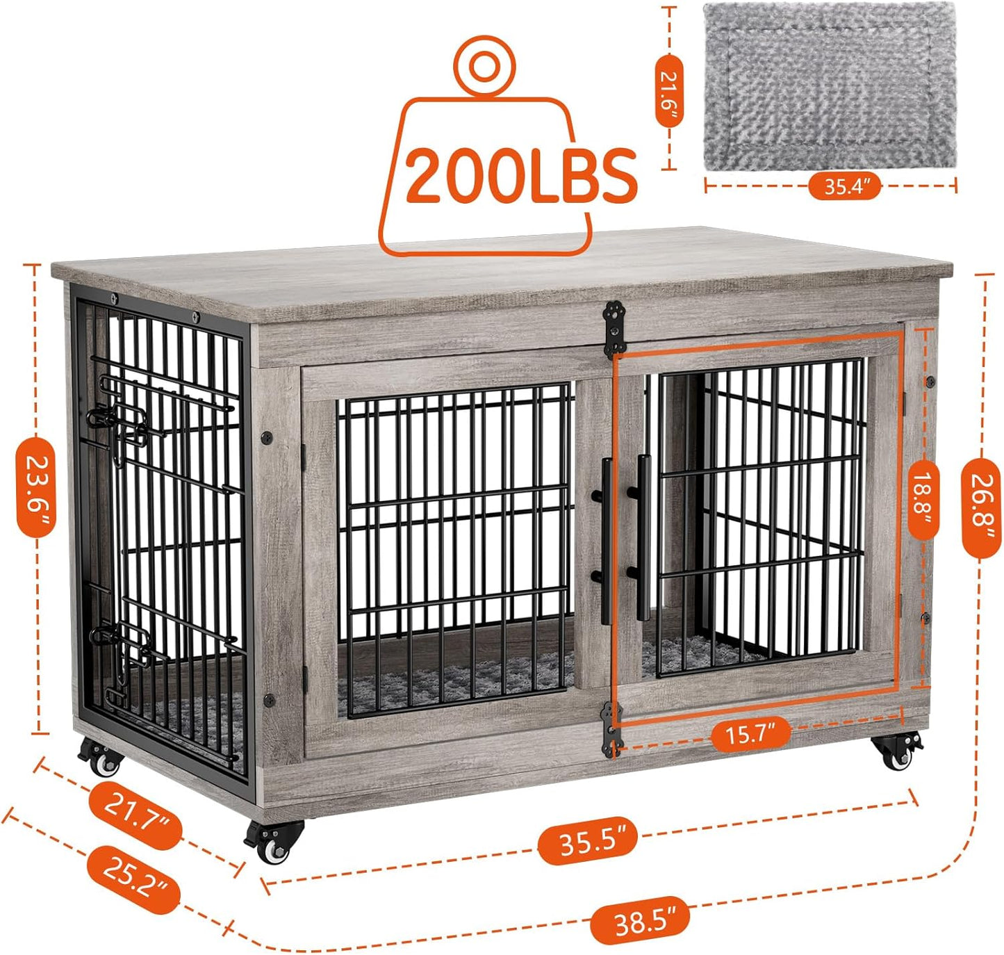 Lulive Large Dog Crate Furniture, 38'' Wooden Dog Crate End Table, Double Door Dog Kennel Indoor with Cushion & Wheels, Decorative Dog Cage House Chew-Resistant for Large/Medium, Grey