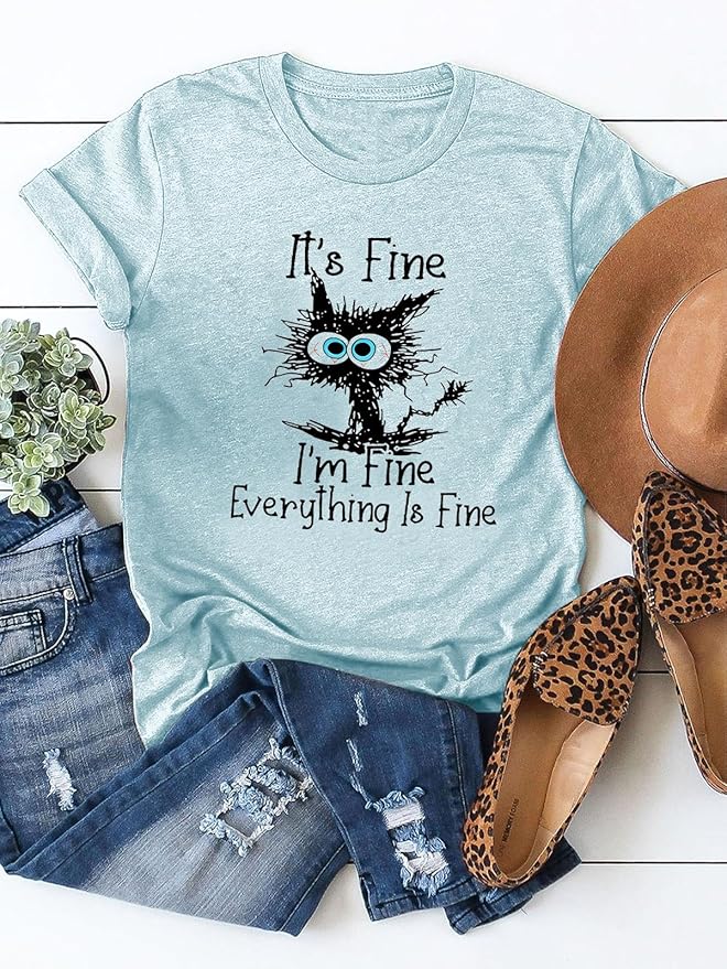 Funny Cat T Shirts for Women Everything is Fine Graphic Tees Casual Short - Image 4