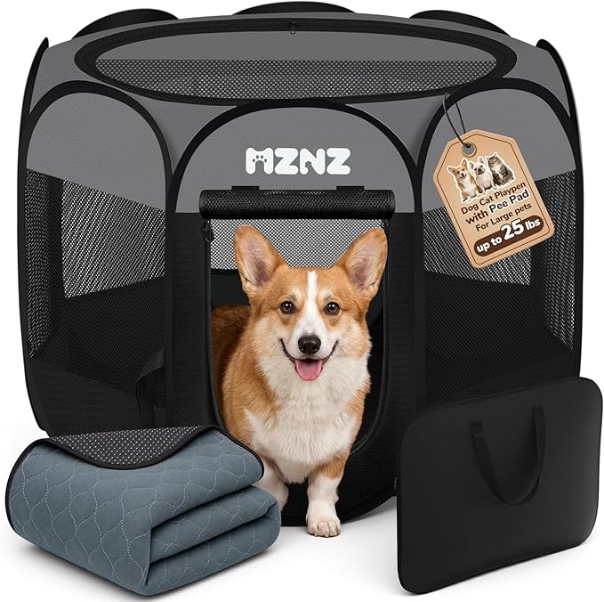 Dog Cat Playpen with Pee Pad, Portable Puppy Pet Crate Indoors by MZNZ