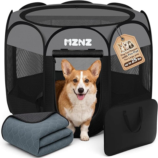 Dog Cat Playpen with Pee Pad, Portable Puppy Pet Crate Indoors by MZNZ