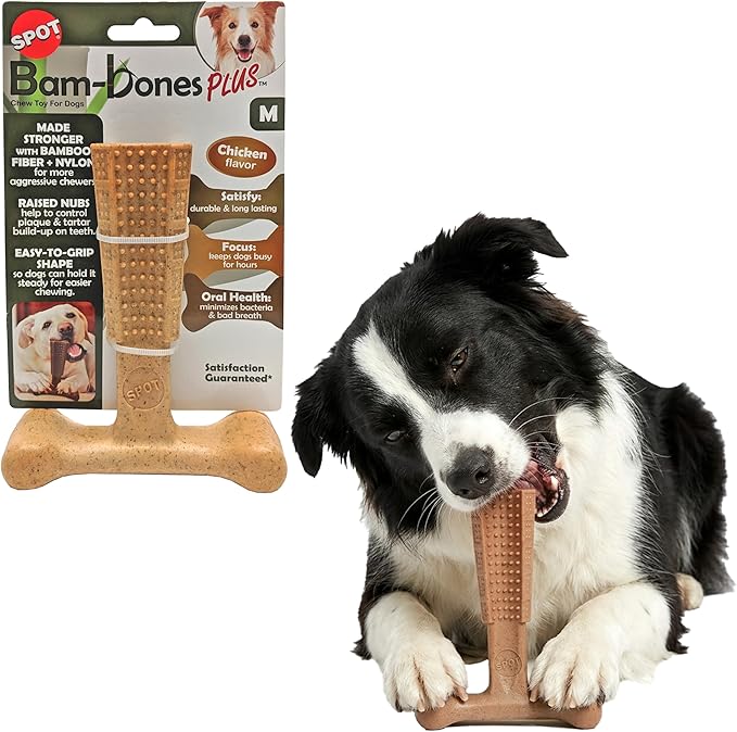 SPOT Bam-Bones Plus T-Bone Dog Chew Toy, Bamboo Fiber & Nylon, Chicken Flavor by SPOT