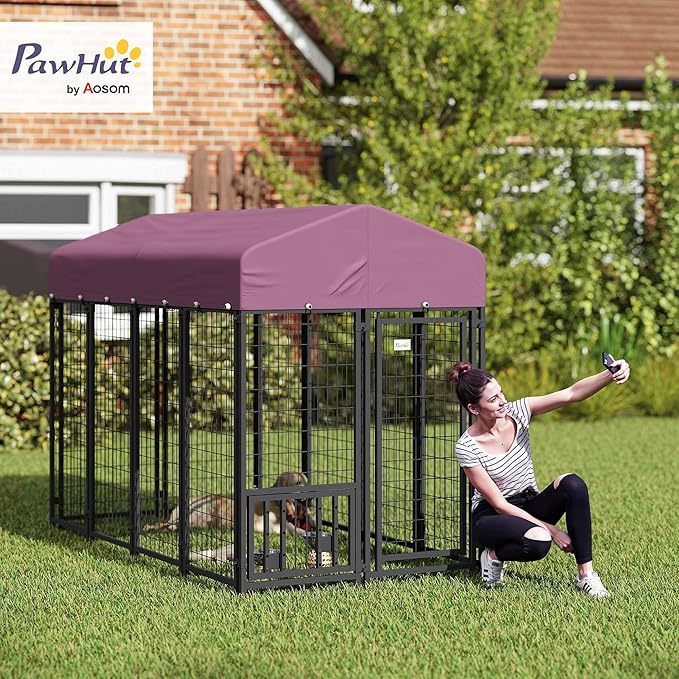 PawHut Outdoor Dog Kennel with Roof, Adjustable Bowls, UV-Resistant & - Image 2