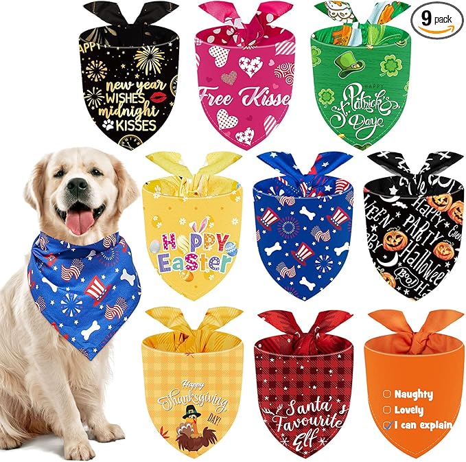 Weewooday 9 Pcs Holiday Dog Bandanas Seasonal Red White and Blue Bandanas by Weewooday