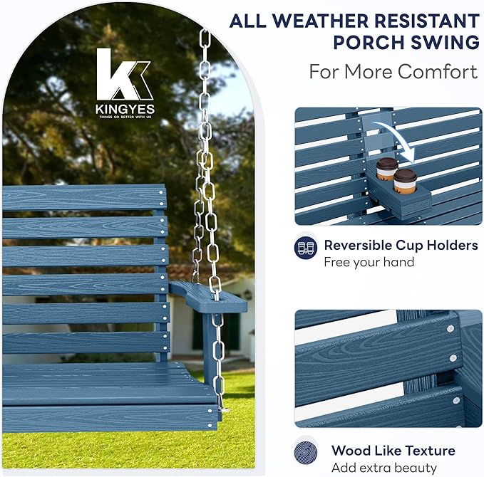 KINGYES Outdoor Hanging Porch Swing Set of 4, 2 Seat Patio Swing Recliner - Image 2