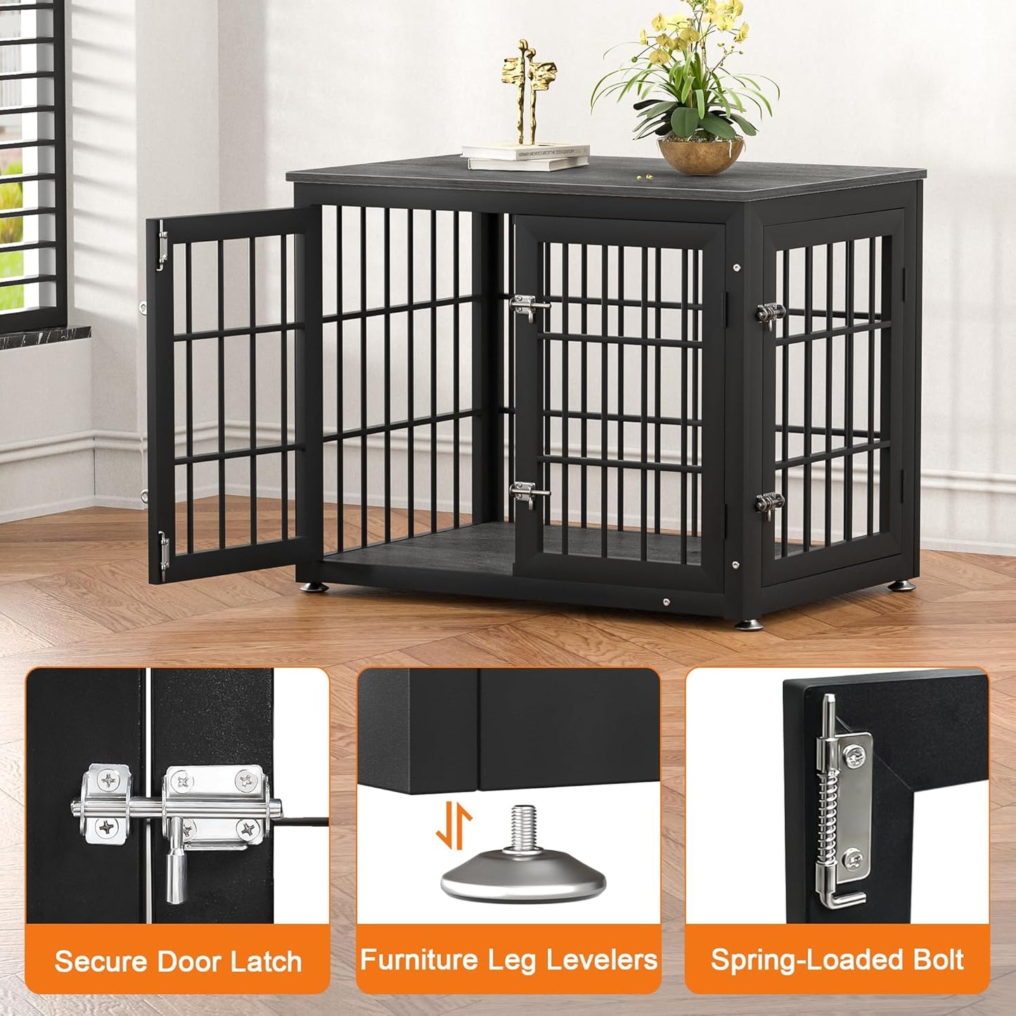 32 Inch Heavy Duty Dog Crate Furniture for Medium and Small Dogs, Decorative Pet House End Table, Wooden Cage Kennel Furniture Indoor, Gray