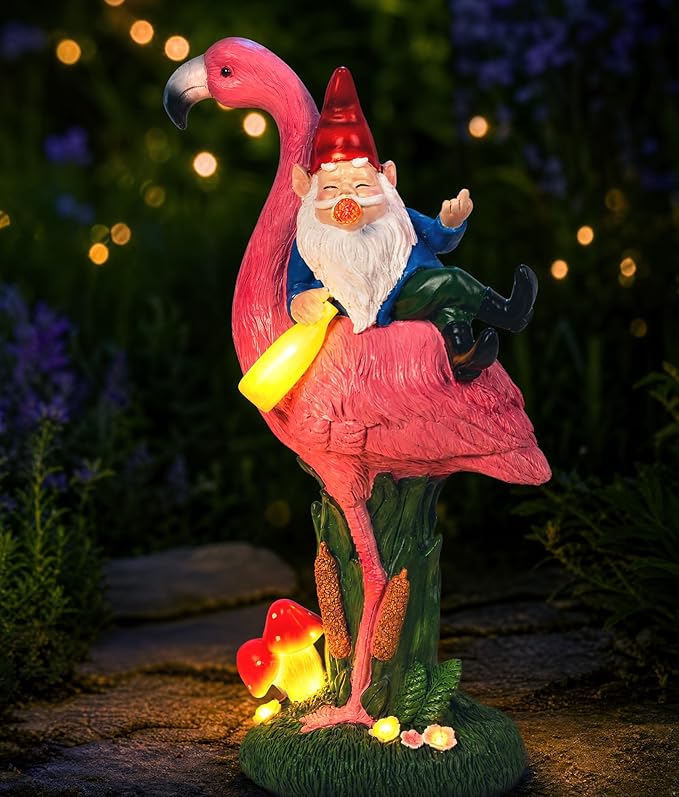C&Y&G&X Middle Finger Gnome Riding Flamingo 13in, Funny Garden Statue Solar - Image 6